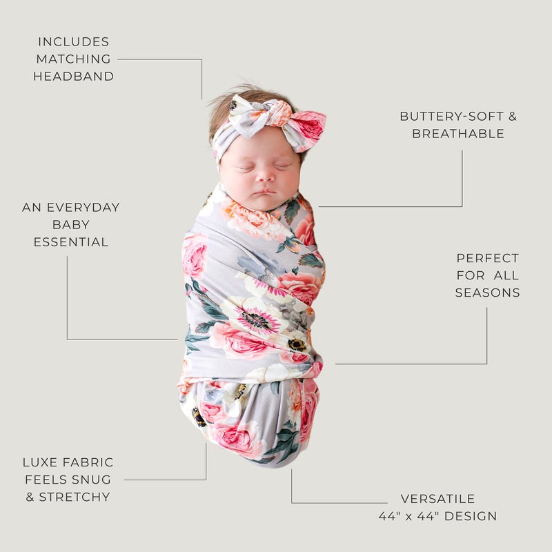 Posh Peanut Swaddle Blanket & Headband Set â€“ Viscose from Bamboo Stretchy Baby Swaddle for Newborn Girls, Receiving Blanket or Nursing Cover - Image 5